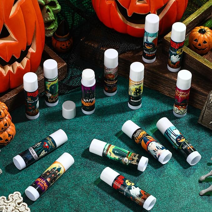 Dunzy 50 Pcs Halloween Lip Balm Bulk Spooky Lip Balm Gifts Bulk Vintage Halloween Wedding Favors Halloween Stuffers for Adults Halloween Party Supplies for Baby Shower, 10 Style, 5 Fruit Flavors-VivaGrace Women