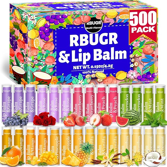 500 Pcs Lip Balm Bulk, 12 Flavored Organic Natural Lip Balms for Gifts Party Favors, Moisturizing Bulk Lip Balms for Dry Cracked Lips, Bulk Lip Balm with Vitamin E and Coconut Oil (4.2g/0.15oz)-VivaGrace Women