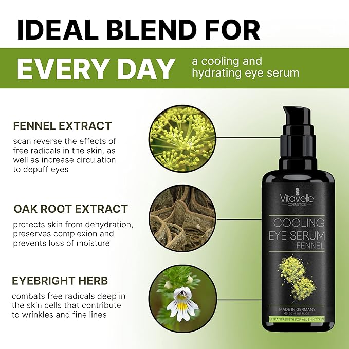 Eye Serum Under Eye Cream for Dark Circles and Puffiness – Cooling, Hydrating Under Eye Serum with Pure Fennel Extract – Eye Cream Anti Aging to Moisturize & Depuff – Zero Paraben Eye Gel by Vitavelle-VivaGrace Women