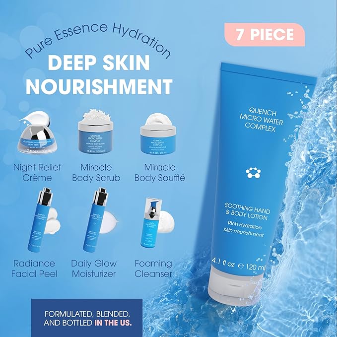 Quench 7 Piece Skincare Set - Japanese Onsen Volcanic Hydration and Anti Aging Skin Care Set with Cleanser, Facial Peel, Moisturizer, Night Cream-VivaGrace Women