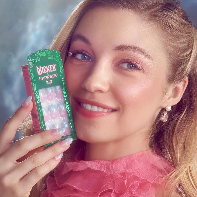 WICKED X imPRESS Design Press On Nails , The EASIEST NO GLUE Mani, Super Hold Adhesive, ‘Destined To’, Pink/Sky Blue, Medium Oval, Includes 30 Fake Nails, 1 Prep Pad, 1 Manicure Stick, 1 Mini File