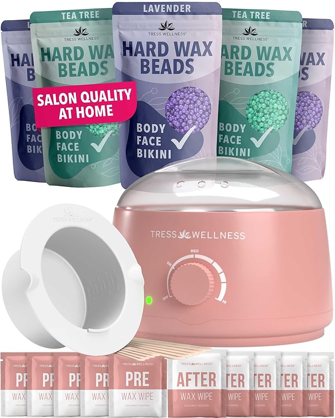 Tress Wellness Waxing Kit for Sensitive Skin – Safe for Face & Skin, Prep & Aftercare Spray, Easy to Use – At-Home Kit for Face, Bikini, Brazilian & Full Body - Pink, No Display-VivaGrace Women