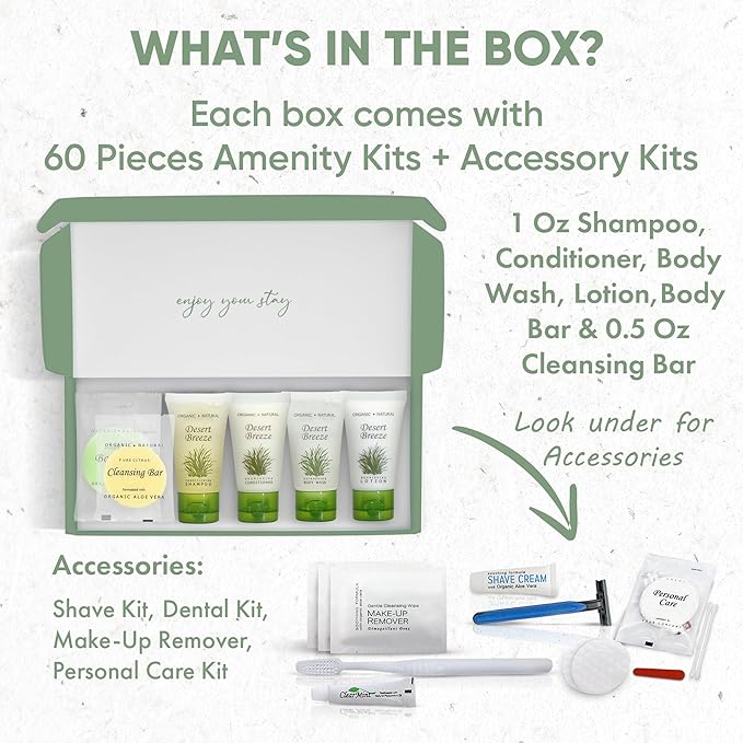 Desert Breeze Amenity & Accessory Kit | 1 oz Travel Size Shampoo, Conditioner, Lotion, Body Wash, Body Bar, Cleansing Bar, Shave & Dental Sets, Make-Up Remover Wipes, & Vanity Kit | 60 sets per case-VivaGrace Women