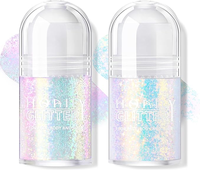 2 Colors Roll-on Body Glitter Gel, Holographic Glitter Gel Under Light for Face Hair, Body Shimmer for Rave Accessories Christmas New Year Halloween Makeup (8+12)-VivaGrace Women