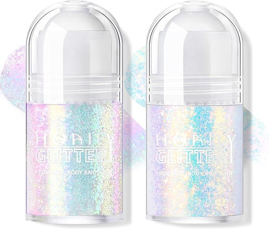 2 Colors Roll-on Body Glitter Gel, Holographic Glitter Gel Under Light for Face Hair, Body Shimmer for Rave Accessories Christmas New Year Halloween Makeup (8+12)-VivaGrace Women
