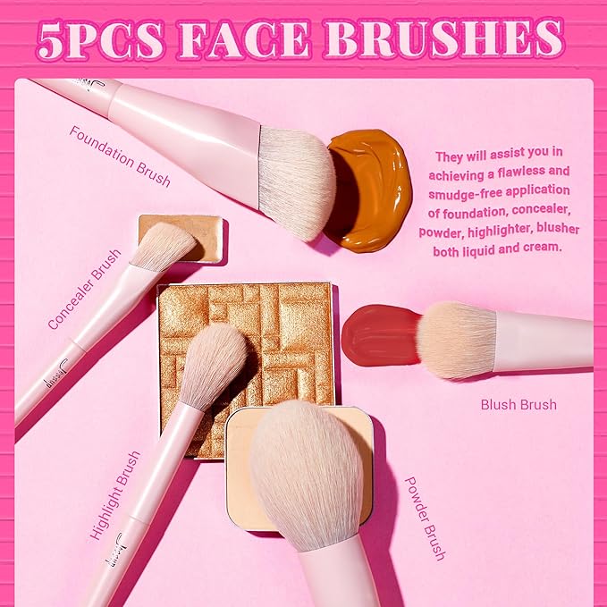 Jessup Pink Makeup Brushes Set 14Pcs Make up Brushes Premium Vegan Foundation Concealer Blush Eyeshadow Eyeliner Powder Highlighter Blending Face Brush Set with Gift Box, T495-G-VivaGrace Women