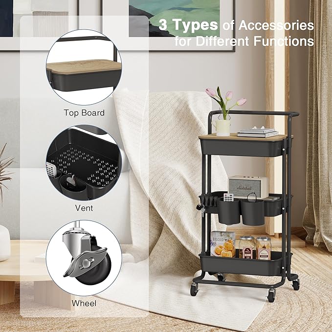 DTK 3 Tier Rolling Cart Uility Cart with Cover Board, Mobile Storage Cart with Wheels, Cups, Hooks for Office Utility Kitchen Bathroom Homeschool Art Craft Postpartum Teacher Cart Organizer(Black)-VivaGrace Women
