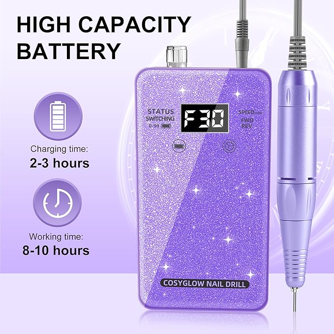 Professional Electric Nail Drill File:COSYGLOW Glitter Portable Cordless E-File Nail Drill Kit with 11 Drill Bits,30000 RPM Rechargeable Nail Drills Machine for Acrylic Nails Gel Polishing(Purple)-VivaGrace Women