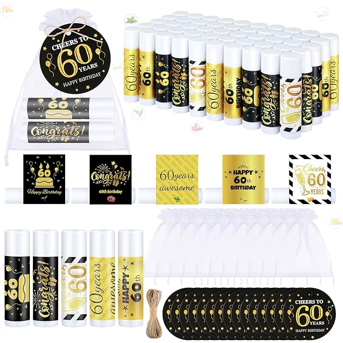 50 Sets 60th Birthday Favors Lip Balm Gifts Bulk Moisturizing Lip Balm with 50 Organza Drawstring Gift Bag 50 Tags 60th Birthday Party Supplies Gifts Bulk for Men and Woman-VivaGrace Women