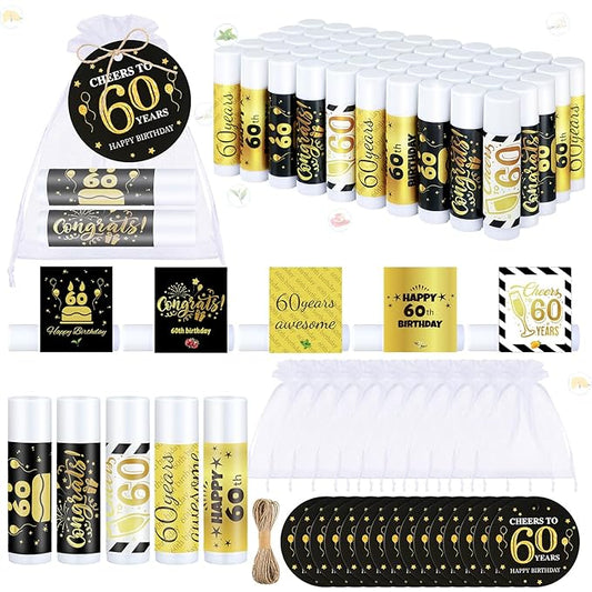 50 Sets 60th Birthday Favors Lip Balm Gifts Bulk Moisturizing Lip Balm with 50 Organza Drawstring Gift Bag 50 Tags 60th Birthday Party Supplies Gifts Bulk for Men and Woman-VivaGrace Women