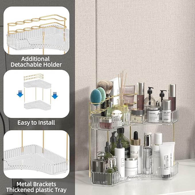 Makeup Organizer Countertop 2 Tier, Corner Bathroom Countertop Organizer with Toothbrush and Makeup Brush Holder, Corner Vanity Tray for Skincare Organization-VivaGrace Women