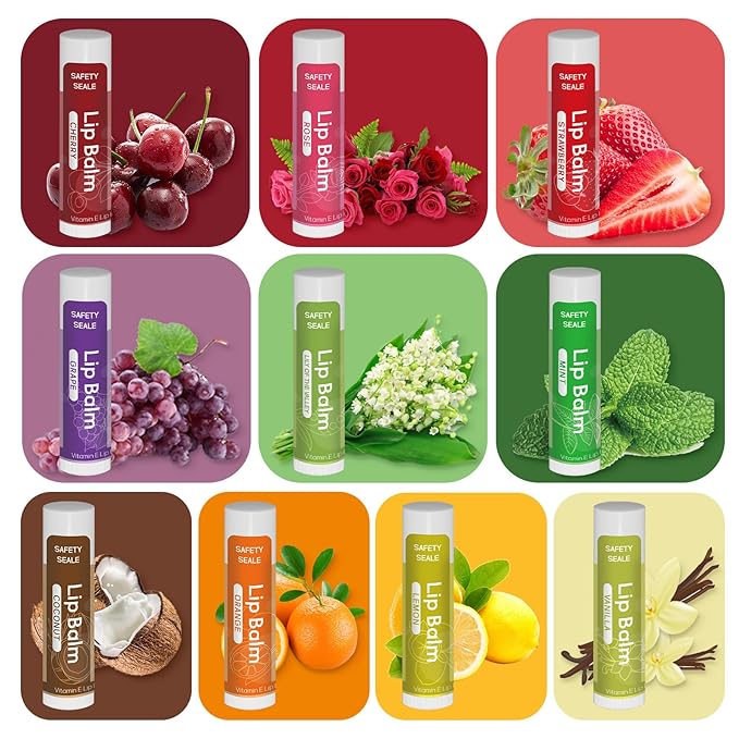 10 Pack Natural Lip Balm Bulk with Vitamin E and Coconut Oil Valentine's Day best choice - Moisturizing, Soothing, and Repairing Dry and Chapped Lips - 10 Flavors - Non-GMO-VivaGrace Women
