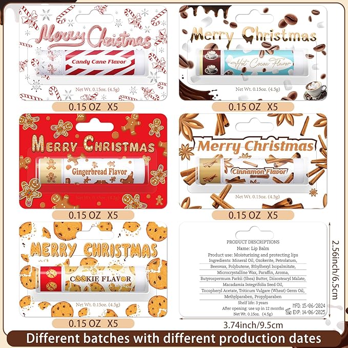 25 Pcs Christmas Lip Balms Stocking Goodie Bags Stuffers Bulk Xmas Gifts Candy Hot Cocoa Cookie Cinnamon Gingebread Biscuits Flavor 5 Style Holiday Treat Small Gifts Party Supplies-VivaGrace Women