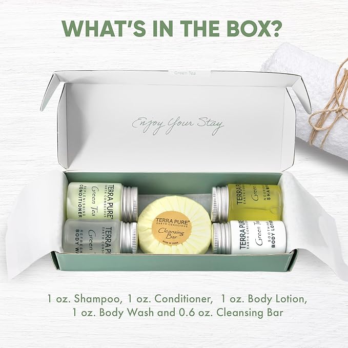 Terra Pure Green Tea Amenity Kit | Boxed Hotel Toiletries | Bulk Set 1oz Travel Size Shampoo, Conditioner, Lotion, Body Wash & Body Bar Soap for Guest Hospitality AirBnB/Vacation Rentals | 1 set/ case-VivaGrace Women