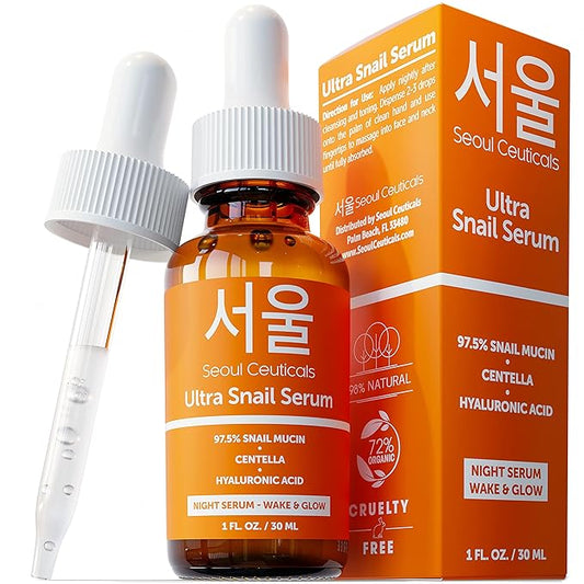 SeoulCeuticals Korean Skin Care 97.5% Snail Mucin Serum – K Beauty Skincare Night Serum Hyaluronic Acid for Face - Centella Anti Wrinkle Serum 1oz-VivaGrace Women