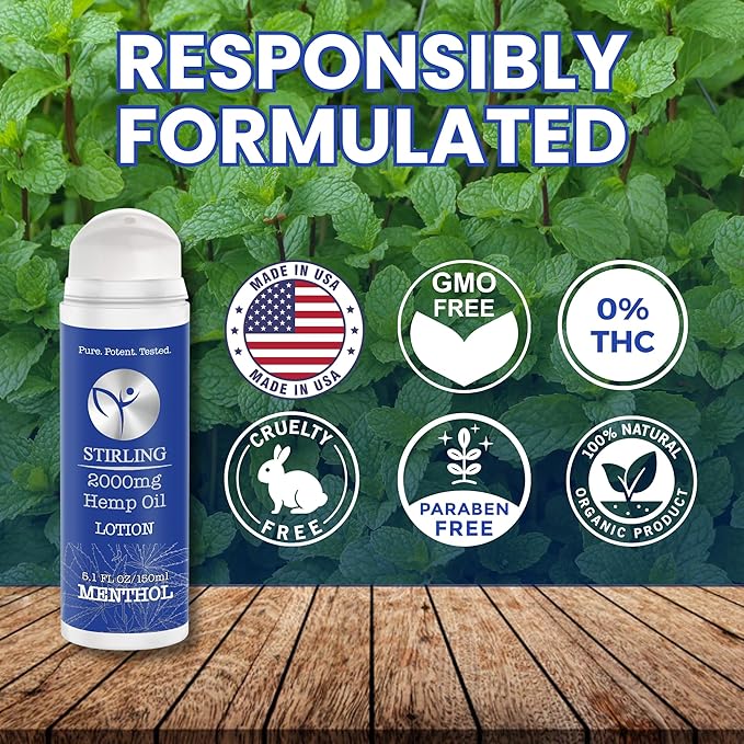 STIRLING Menthol Lotion + Hemp Oil – Maximum strength relief with cooling menthol and 100% pure hemp oil to soothe joints, relax muscles, and hydrate with aloe vera. 5 fl oz. (2000mg, Menthol)-VivaGrace Women