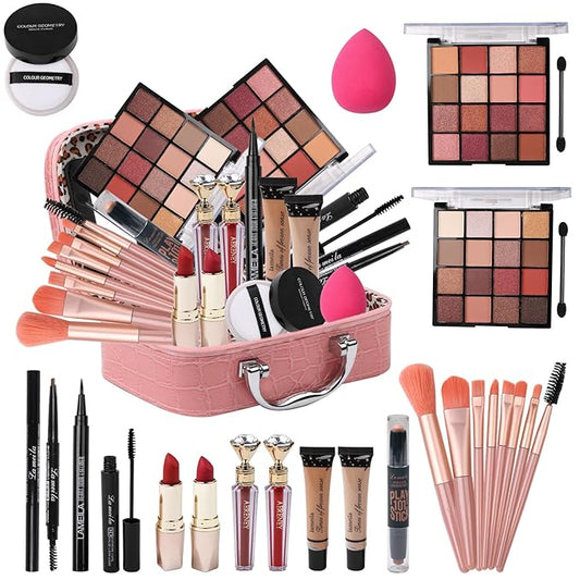 Makeup Kit for Teen Girls,All in One Makeup Kit for 2X16 Colors Eyeshadow Liquid Foundation Eyeliner Pencils Contouring Stick Lip Gloss Eyebrow Pencils 8Pcs Makeup Brushes etc (pink)-VivaGrace Women