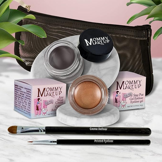 The Everlasting Eye 5 Piece Waterproof Makeup Set. Gel Eyeliner, Creme Eyeshadow, 2 brushes and Mesh Bag. Paraben-free, Talc-free, Cruelty-free. Golden Caramel/Chocolate Kiss 1502-VivaGrace Women