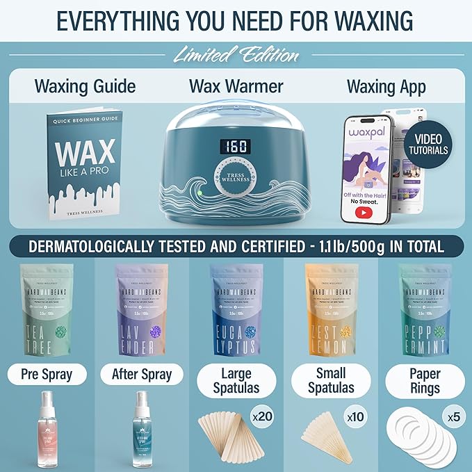 Tress Wellness Waxing Kit for Sensitive Skin – Safe for Face & Skin, Prep & Aftercare Spray, Easy to Use – At-Home Kit for Face, Bikini, Brazilian & Full Body - Digital Display, Blue Water-VivaGrace Women