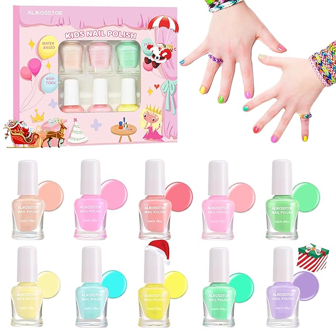 Kids Nail Polish - Non-Toxic Nail Polish Set for Girls, 10 Pastel Macaron Colors Quick Dry Peel Off Water Based Nail Polish Toys Kit for Toddler Teen