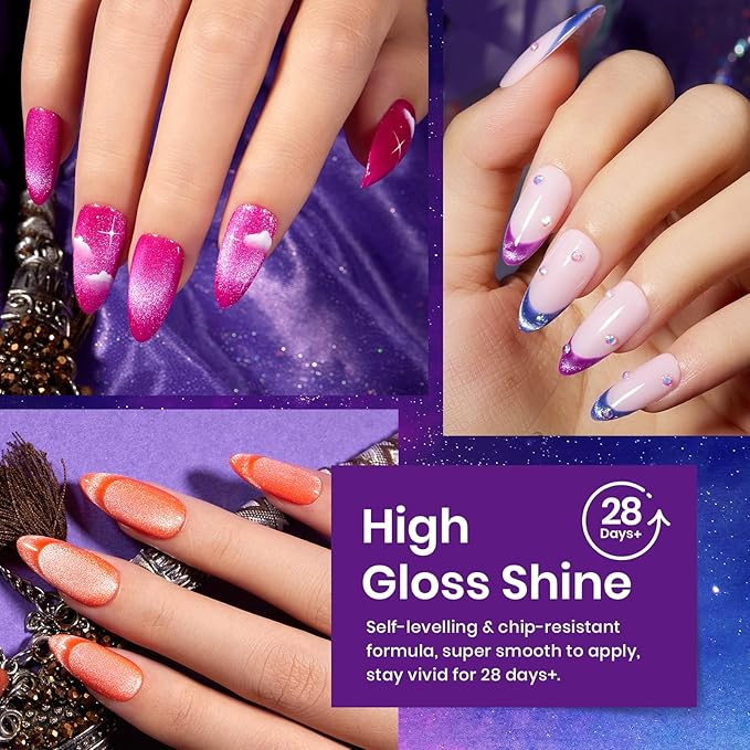 Beetles Cat Eye Gel Nail Polish Set, 6 Colors Summer Neon Holographic Glitter Gel Polish Kit Hot Pink Orange Purple Blue Green Magnetic Nail Polish Soak Off UV French Nail Art Gift for Women-VivaGrace Women