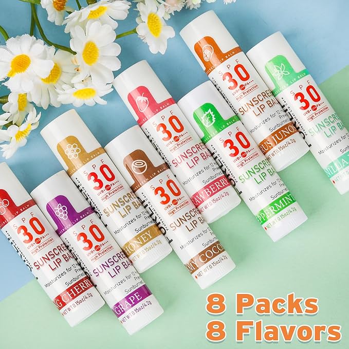 SPF 30 Lip Balm with Sunscreen 8 Pack, Bulk Sunscreen Lip Balm Travel Size, Hydrating Lip Balm with Vitamin E and Coconut Oil- 8 Flavors-VivaGrace Women