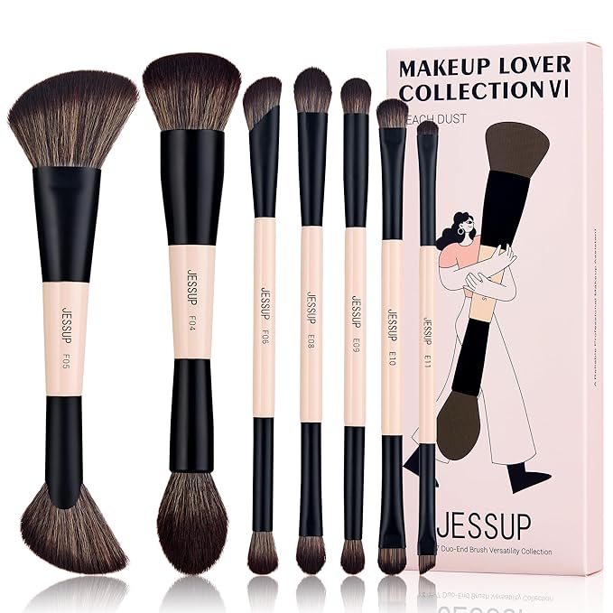 Jessup Makeup Brushes Set 7pcs Double Sided Makeup Brushes for Foundation Concealer Blush Eyeshadow Contour Bronzer Powder Blending Eyebrow Eyeliner, Cruelty-Free Make up Brushes Peach Dust T600-VivaGrace Women