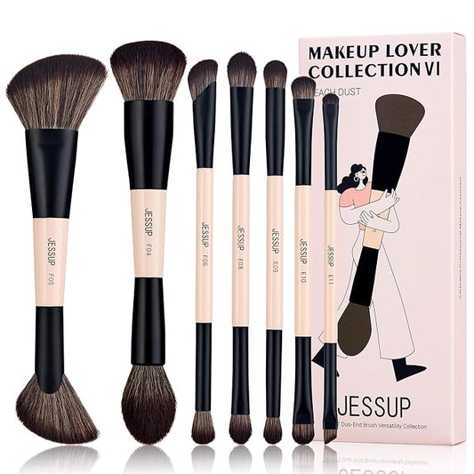 Jessup Makeup Brushes Set 7pcs Double Sided Makeup Brushes for Foundation Concealer Blush Eyeshadow Contour Bronzer Powder Blending Eyebrow Eyeliner, Cruelty-Free Make up Brushes Peach Dust T600-VivaGrace Women