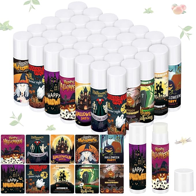 Dunzy 50 Pcs Halloween Lip Balm Bulk Spooky Lip Balm Gifts Bulk Vintage Halloween Wedding Favors Halloween Stuffers for Adults Halloween Party Supplies for Baby Shower, 10 Style, 5 Fruit Flavors-VivaGrace Women