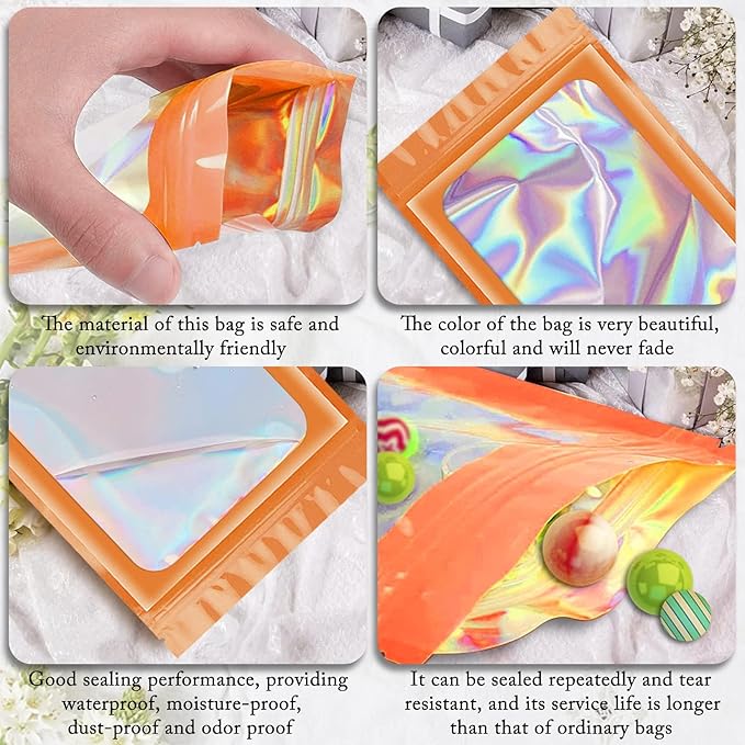 ANZNKU 100 Pcs Smell Proof Mylar Resealable Bags, Holographic Packaging Bags, Resealable Odor Foil Pouch Zip Bag with Clear Window for Food Storage and Lipgloss, Jewelry Lash (Orange, 4.7 x 7.9 Inch)-VivaGrace Women