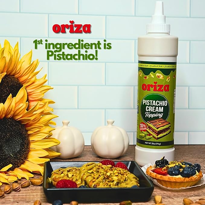 Oriza Pistachio Cream Topping, 28oz Bottle – Premium Pistachio Spread with 30% Pistachios, Palm Oil Free, Non-GMO, Natural Color – Dessert, Latte & Baking Cream