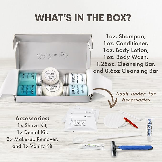 Terra Pure White Tea & Coconut Amenity & Accessory Kit |1 oz Travel Size Shampoo, Conditioner, Lotion, Body Wash, 2 Cleansing Bars, Shave & Dental Sets, Make-Up Remover Wipes, & Vanity Kit | 1 Box-VivaGrace Women