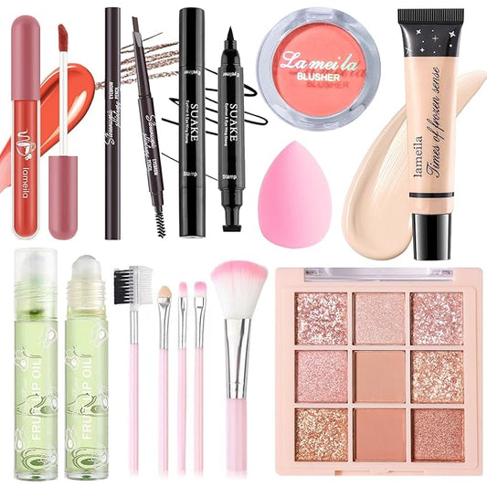 Makeup Set for Girls Teens Women, Makeup Present Set, Makeup Kit, Includes Eyeshadow Palette, Foundation, Blusher, Eyebrow Pencil, Eyeliner, Lip Gloss, Lip Oil, Makeup Brushes & Sponge-VivaGrace Women