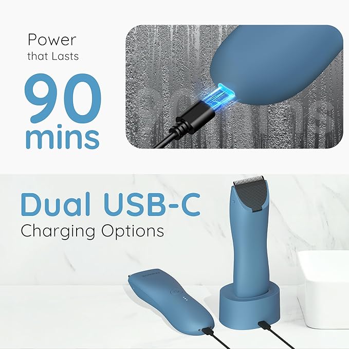 Body Hair & Pubic Hair Trimmer for Men & Women, Painless Electric Body & Bikini Shaver | Waterproof, Type-C Rechargeable, LED Light, Replaceable Blade, Manscape Personal Groomer (Denim Blue)-VivaGrace Women