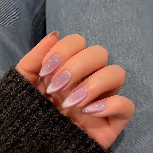 KQueenest Dusty Pink Cat Eye Press on Nails Almond Shape, 30 Pcs Glitter Fake Nails Medium, Thick Sparkle Glass Nails Press on, Shiny Acrylic Nails, Cute Bling Stick on Nails for Women