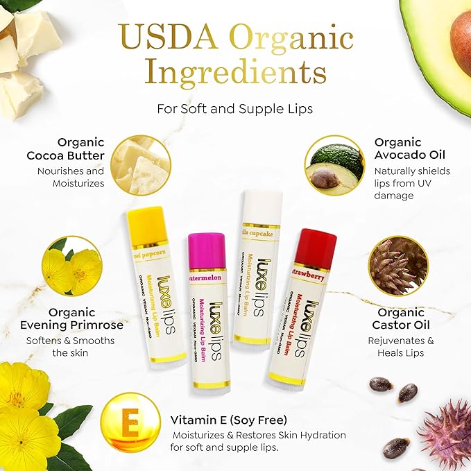 Luxe Beauty No-Beeswax & Petroleum Organic Lip Moisturizer – Vegan Lip Balm for Men & Women – For Sun/Wind Damage, Dryness & Chapping – 4-Pack Hydrating Lip Care Products That Work Over/Under Lipstick-VivaGrace Women