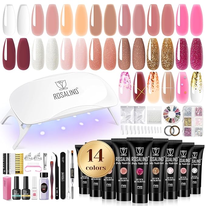 ROSALIND Poly Nail Gel Colors Kit -14 Colors +72 Nail Art Accessories kit Glitter Poly Nails Gel Kit Starter Kit with Mini UV Lamp Slip Solution Nude Pink Poly Nail Art for Beginners with Everything-VivaGrace Women