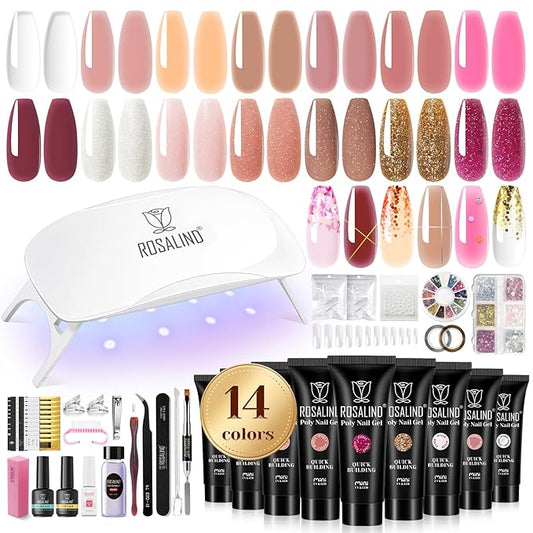 ROSALIND Poly Nail Gel Colors Kit -14 Colors +72 Nail Art Accessories kit Glitter Poly Nails Gel Kit Starter Kit with Mini UV Lamp Slip Solution Nude Pink Poly Nail Art for Beginners with Everything-VivaGrace Women