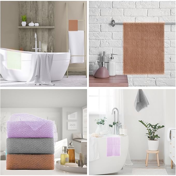 UJFQBH 3 Pieces African exfoliating net African Net Long Net Bath Sponge Exfoliating Shower Body Scrubber Back Scrubber Skin Smoother,Great for Daily Use (Purple、Gray、Brown)-VivaGrace Women