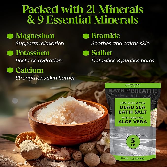 Aromasong 5 lbs Raw Dead Sea Salt with Organic Aloe Vera, not Cleaned, Still Contains All Dead sea Minerals Including Dead sea Mud, Fine Medium Grain Large resealable Bulk Pack (Packaging May Vary)-VivaGrace Women