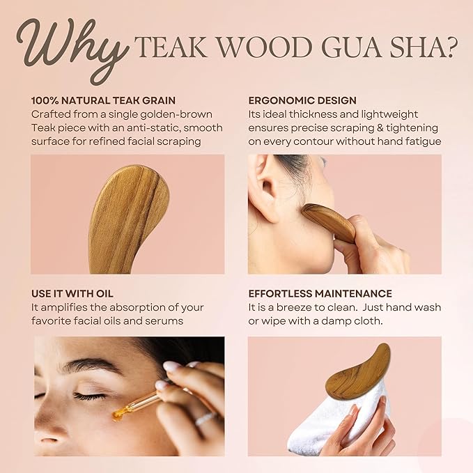 Teak Wood Gua Sha Facial Tool for Face and Body Massage, Anti-Aging Reduce Puffiness Wrinkles Shape Jawline Skincare Routine Treatment, Wooden Gua Sha Massager with Travel Pouch for Gift Set-VivaGrace Women