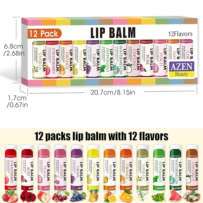 AZEN 12 Pack Lip Balm, Natural Lip Balm Bulk, Lip Care Product, Moisturizing Lip Balm for dry cracked lips - 12 Flavors-VivaGrace Women