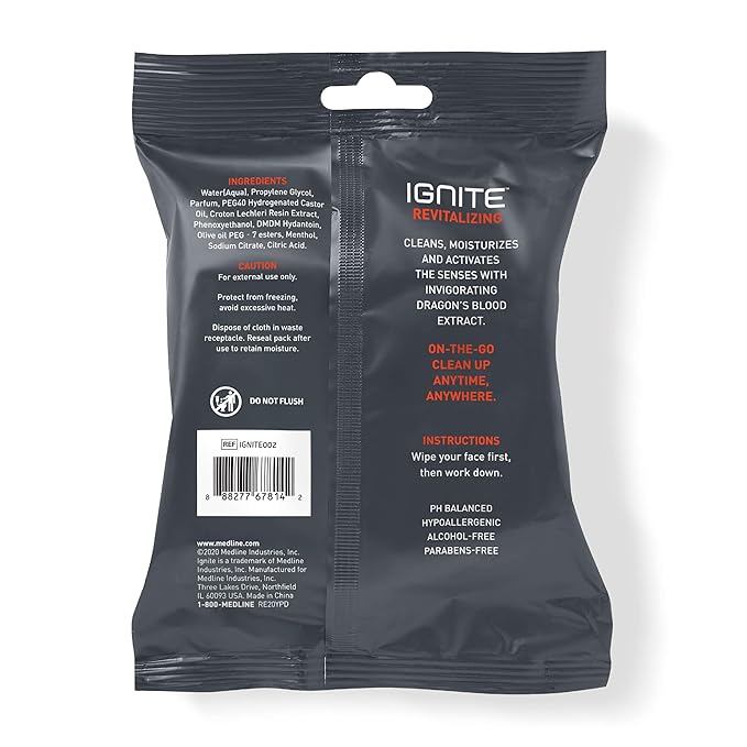 Ignite Mens Body Wet Wipes, Extra Thick 8" x 8" Shower Wipes, Revitalizing Scent, 10 Count