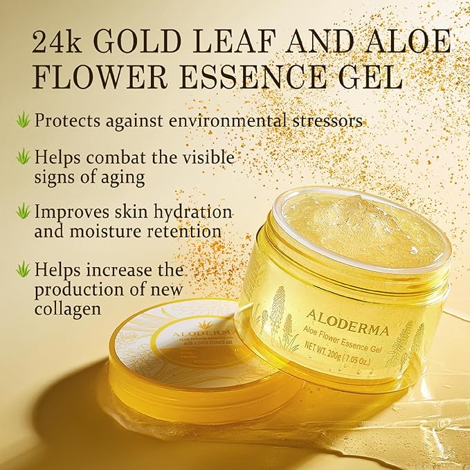 Aloderma Age-Defying Aloe Flower Essence Gel with 24K Gold Leaf, Made within 12 Hours of Harvest - Luxurious Aloe Gel with Allantoin & Hyaluronic Acid for a Shimmering, Youthful Complexion, 7oz 2-Pack-VivaGrace Women