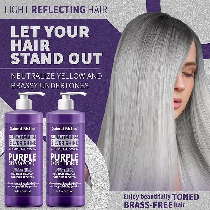 Natural Riches Radiant Silver Shine Purple Shampoo and Conditioner Set for Gray Hair - Paraben-Free and Color Safe – With Silk Proteins, Tones Dull Hair, Softens & Adds Shine - 16 fl oz-VivaGrace Women