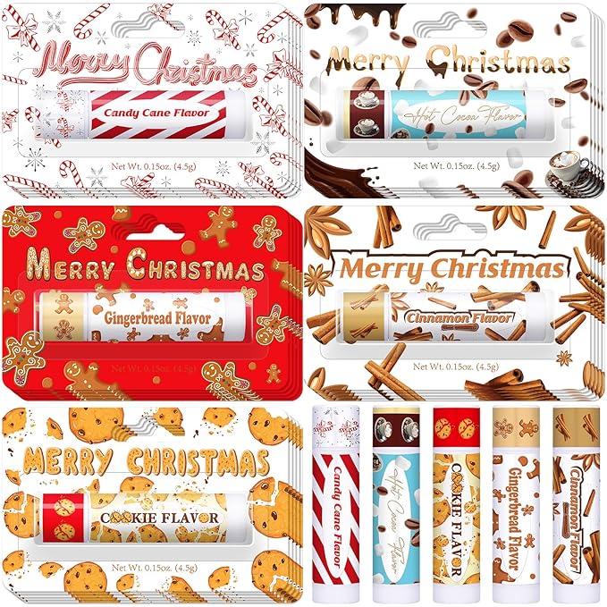 25 Pcs Christmas Lip Balms Stocking Goodie Bags Stuffers Bulk Xmas Gifts Candy Hot Cocoa Cookie Cinnamon Gingebread Biscuits Flavor 5 Style Holiday Treat Small Gifts Party Supplies-VivaGrace Women
