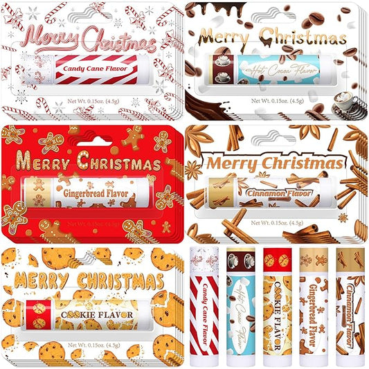 25 Pcs Christmas Lip Balms Stocking Goodie Bags Stuffers Bulk Xmas Gifts Candy Hot Cocoa Cookie Cinnamon Gingebread Biscuits Flavor 5 Style Holiday Treat Small Gifts Party Supplies-VivaGrace Women