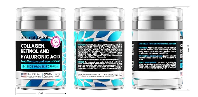 SimplyVital Collagen, Retinol & Hyaluronic Acid Cream - Anti-Aging Retinol Cream for Face, Neck & Décolleté - Made in USA - Daily Moisturizer Face Cream - 3.38 fl oz-VivaGrace Women