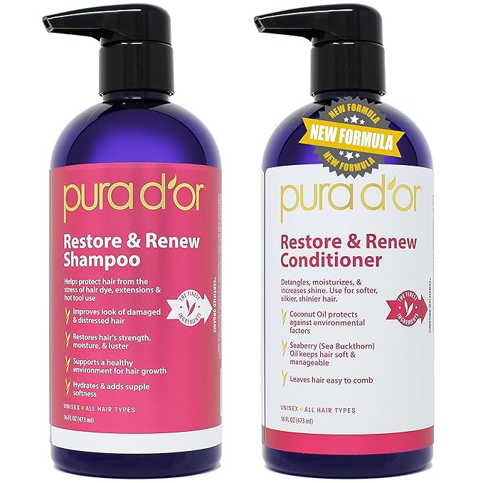 PURA D'OR Restore & Renew Shampoo and Conditioner Set for Strong, Healthy, and Nourished Hair with Organic Aloe Vera, Rosemary, Sea Buckthorn, Cacay, Coconut, Seaberry & Cedarwood-VivaGrace Women