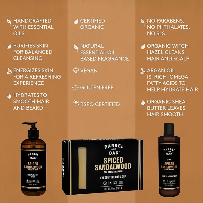 Barrel and Oak - Spiced Sandalwood Body Care Set, Fragrant Sea Salt & Amber Scent, Rich in Essential Oils, Hydrating Formulas, Rich Texture, No Parabens or Phthalates, Certified Organic (3-Pack Set)-VivaGrace Women